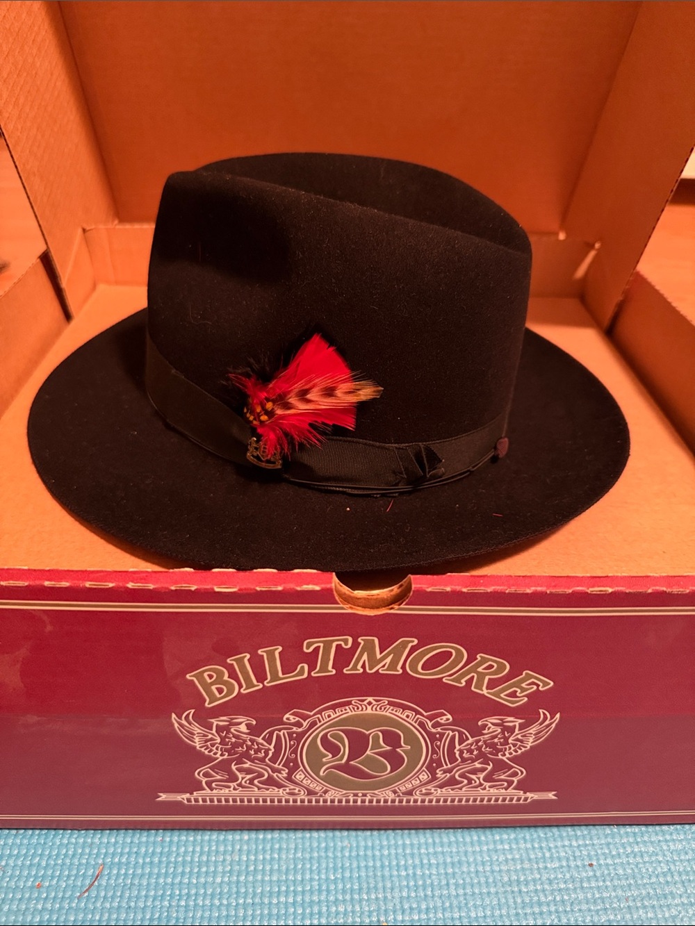 Biltmore Black Fedora with Red Feather Accent